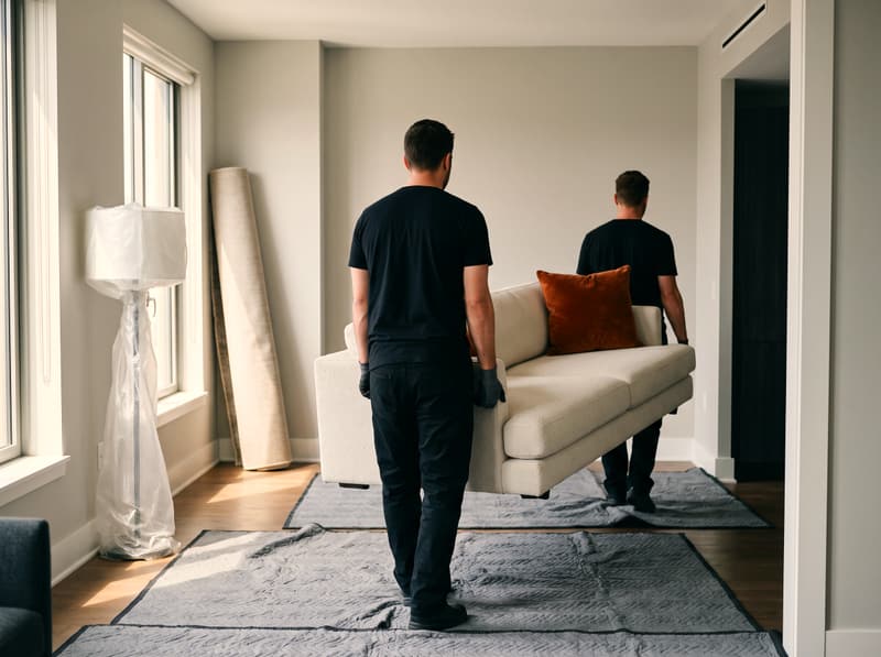 Two installers carry a cream sofa across a protected floor.