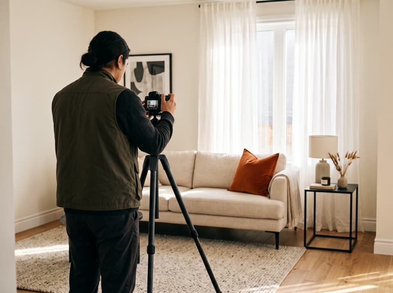 A photographer on a tripod shoots a freshly staged living room.
