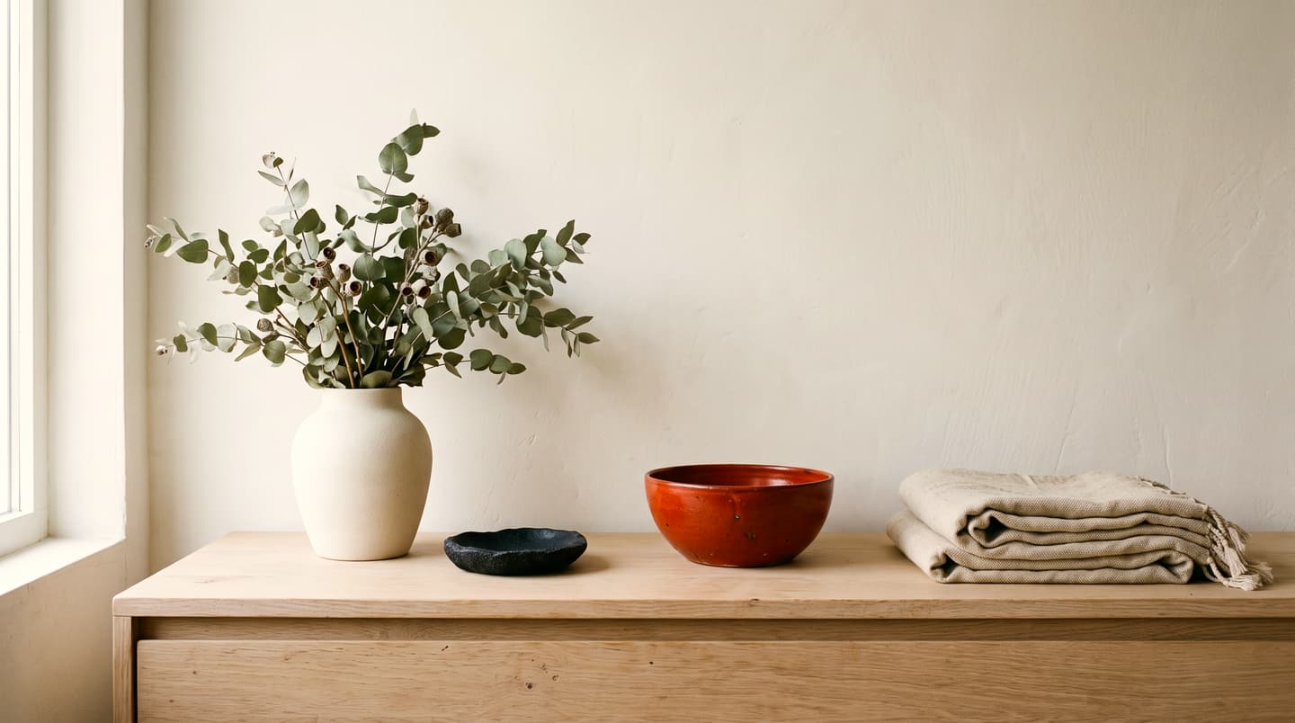 Detail of a styled oak sideboard with eucalyptus in a white vase, a rust bowl and folded linen.