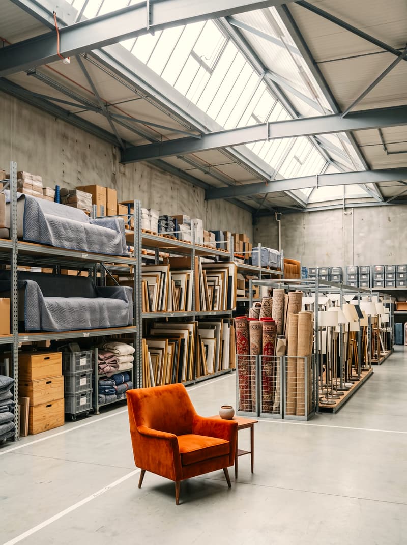 The Keystone warehouse: tall shelving stocked with sofas, art and décor under a skylight, with a rust armchair in front.