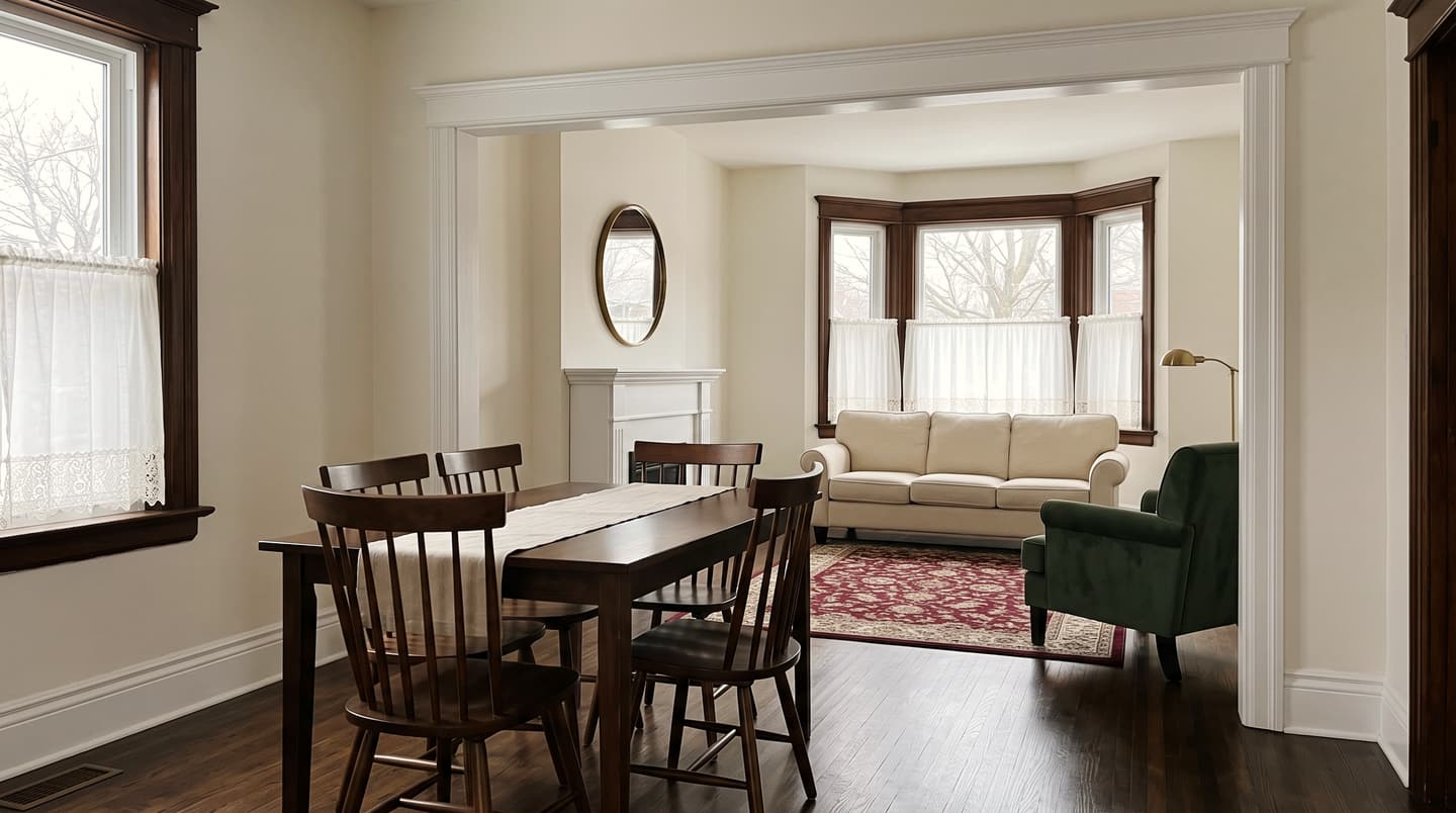 Brampton Heritage Semi: a dining room opening onto a living room with a bay window.