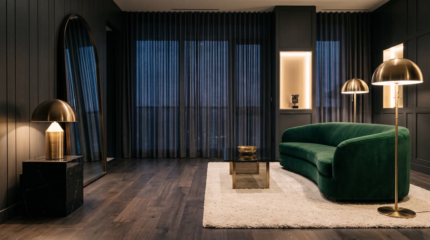 The Bridgepoint Penthouse: a dark-panelled lounge with a green velvet sofa and brass lamps.