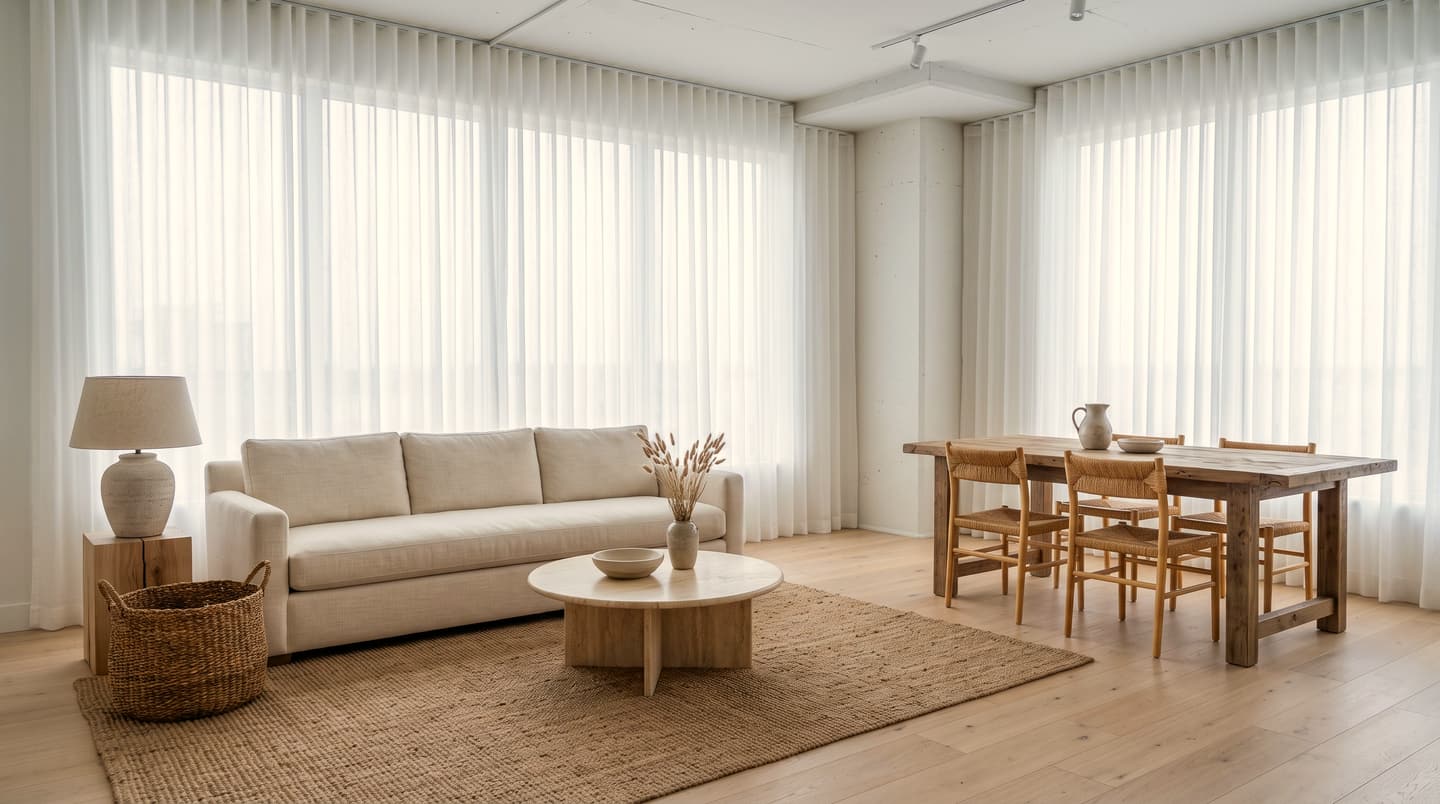 The Lakeshore Loft: a bright condo living and dining room with sheer curtains, a cream sofa and an oak dining table.
