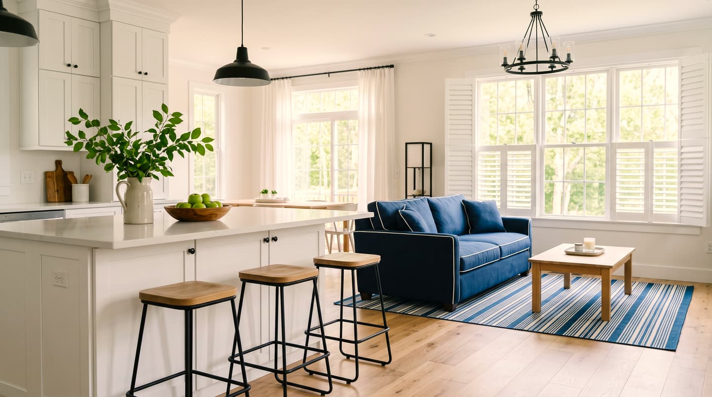 Oakville Family Colonial: an open kitchen with stools at the island and a navy sofa beyond.