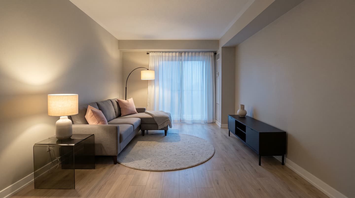 Uptown Townhome: a grey sectional, round rug and table lamp in warm evening light.